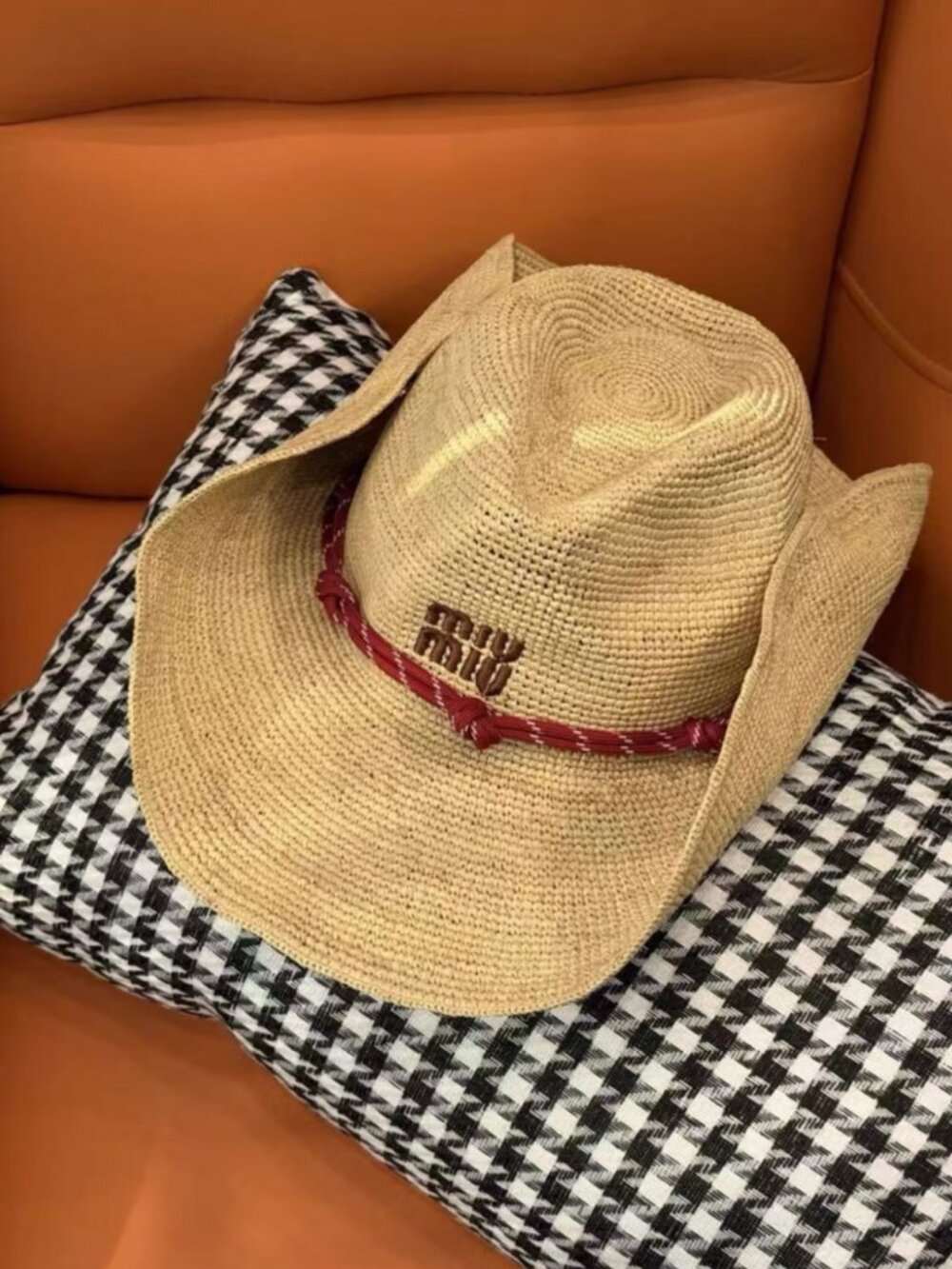 Miu Miu Natural Straw Wide Brim Hat Red Ribbon Logo